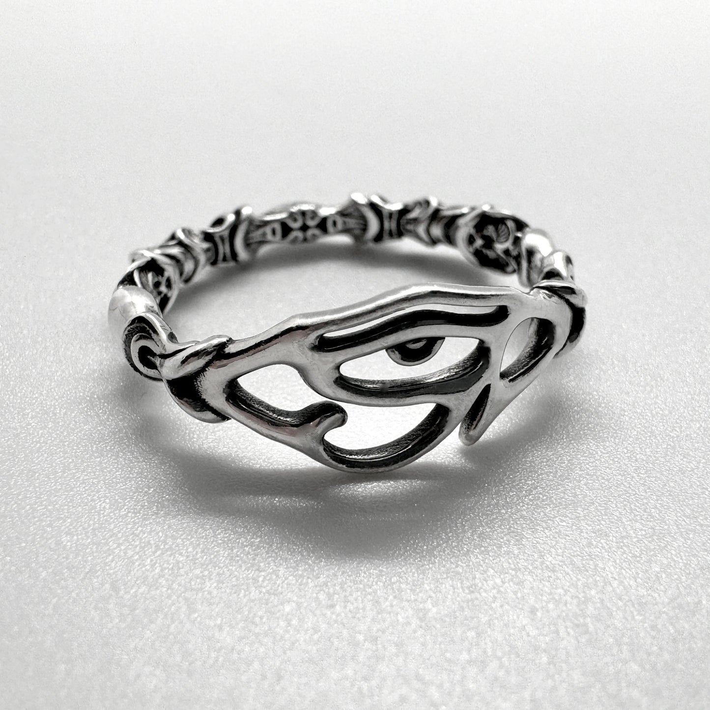 Handcrafted sterling silver, ancient egyptian ring, viewed from the front.