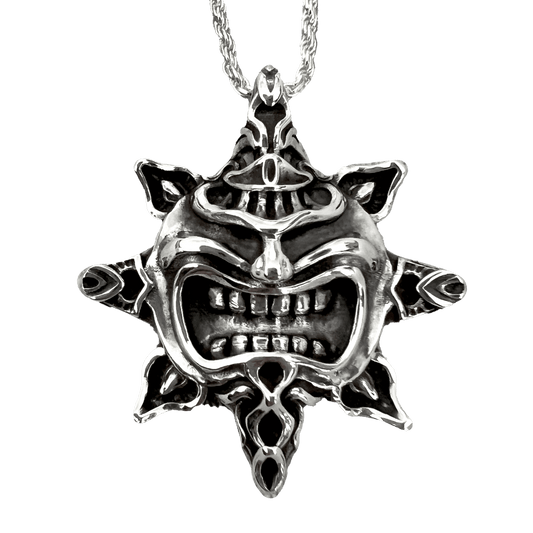 Premium, handmade solid sterling silver tiki-sun pendant. A fine example of luxury sterling silver Polynesian jewelry. 